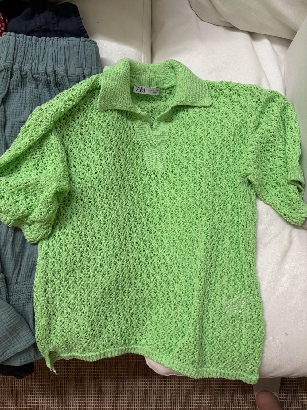 Zara Neon Green Open-Knit Polo Sweater
